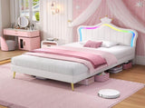3ft Single Upholstered Bed with LED Adjustable Crown Shape Headboard, PU Leather Bed Frame with N652P265845W
