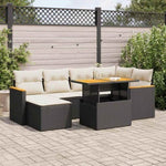 ZNTS 7 Piece Garden Sofa Set with Cushions Black Poly Rattan Acacia 3327507