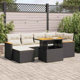 7 Piece Garden Sofa Set with Cushions Black Poly Rattan Acacia 3327507