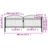 Fence Gate Double Door with Arched Top Steel 400x125 cm Black 143093