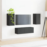TV Wall Cabinet Set Wall-mounted 4 pcs Black Engineered Wood 3408908