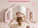 Kids Dressing Table, Kids Vanity Table and Chair Set with Tri-Folding Mirror, 2 Drawers, 2 Cabinets T3398P548791
