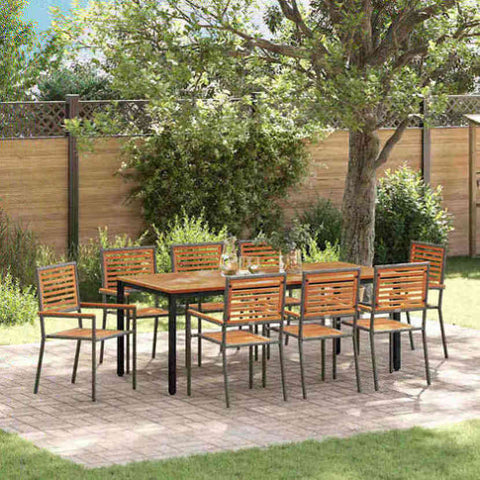 Garden Dining Set 9 pcs Grey and Natural Teak Poly Rattan 3365509