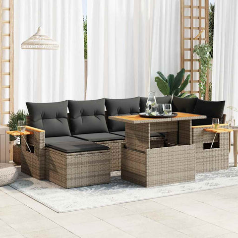 ZNTS 7 Piece Garden Sofa Set with Cushions Grey Poly Rattan Acacia 3327623