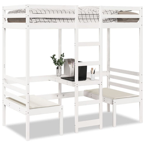 ZNTS Loft Bed Frame with Desk and Chairs White 75x190cm Solid Wood Pine 3308563