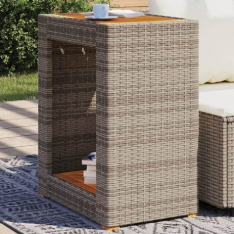 ZNTS Garden Side Table with Wooden Top Grey 60x40x75 cm Poly Rattan 366304