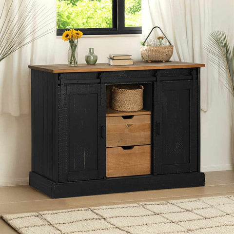 ZNTS Sideboard HALDEN 2 Sliding Doors Black 112x40x80 cm Solid Wood 4018432