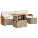 ZNTS 6 Piece Garden Sofa Set with Cushions Beige Poly Rattan Acacia 3327698