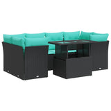 7 Piece Garden Sofa Set with Cushions Black Poly Rattan Acacia 3326108