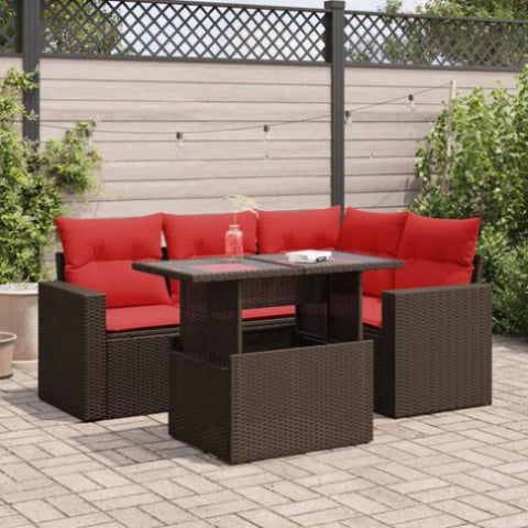 5 Piece Garden Sofa Set with Cushions Brown Poly Rattan Acacia 3326315