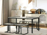 Dining Table and Chairs Set for 4 People, Concrete Effect Kitchen Table and Bench Set with Steel T3398P342283