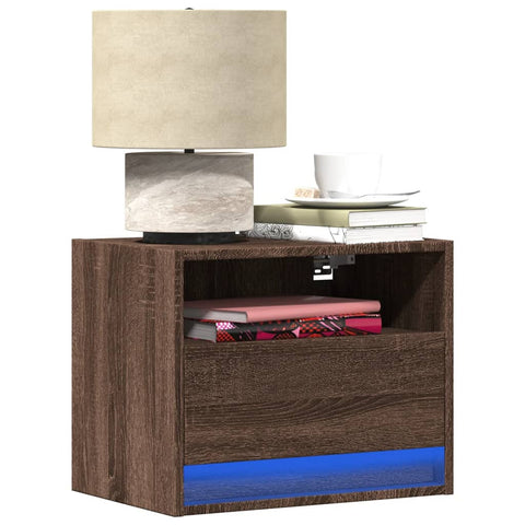 ZNTS Wall-mounted Bedside Cabinet with LED Lights Brown Oak 852073
