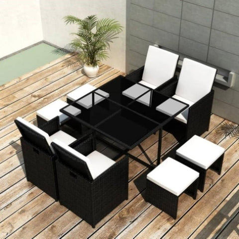 9 Piece Outdoor Dining Set with Cushions Poly Rattan Black 42597