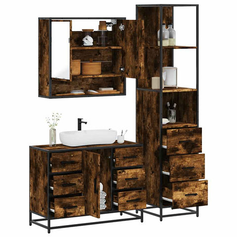 ZNTS 3 Piece Bathroom Furniture Set Smoked Oak Engineered Wood 3301172