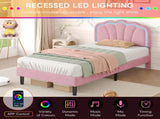 3ft Single Upholstered Bed with LED Adjustable Shell Shape Headboard, Soft Velvet Bed Frame with N652P242015P