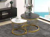 Round Coffee Modern Coffee Table Set of 2 Marble Pattern Top with Metal Frame, Small Side WF307775AAA