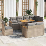 ZNTS 9 Piece Garden Sofa Set with Cushions Beige Poly Rattan Acacia 3327503