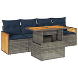5 Piece Garden Sofa Set with Cushions Grey Poly Rattan Acacia 3327659