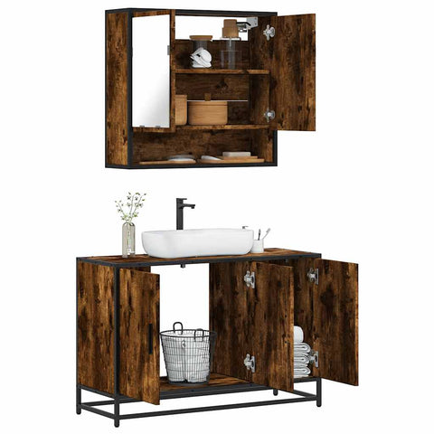 ZNTS 2 Piece Bathroom Furniture Set Smoked Oak Engineered Wood 3300922