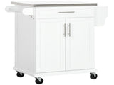 Wooden Kitchen Island on Wheels, Serving Cart Storage Trolley with Stainless Steel Top, Drawer, Side T3398P342215