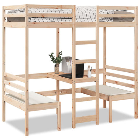 ZNTS Loft Bed Frame with Desk and Chairs 90x200cm Solid Wood Pine 3308553