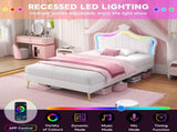 3ft Single Upholstered Bed with LED Adjustable Crown Shape Headboard, PU Leather Bed Frame with N652P265845W