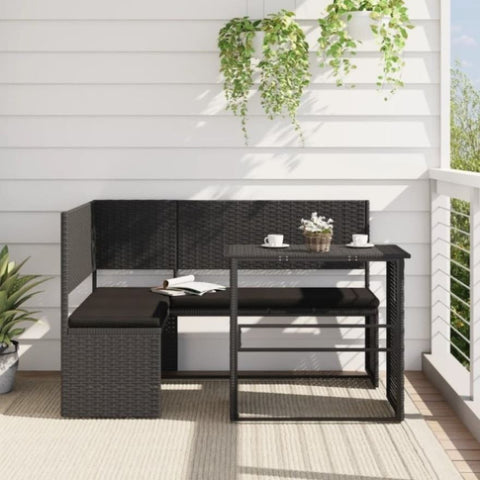 ZNTS Garden Sofa with Table and Cushions L-Shaped Black Poly Rattan 362347