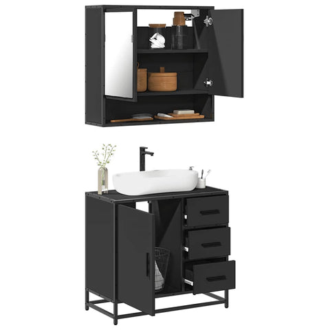 ZNTS 2 Piece Bathroom Furniture Set Black Engineered Wood 3300925