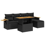 6 Piece Garden Sofa Set with Cushions Black Poly Rattan Acacia 3327583