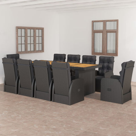 ZNTS 11 Piece Garden Dining Set with Cushions Black Poly Rattan 3095273