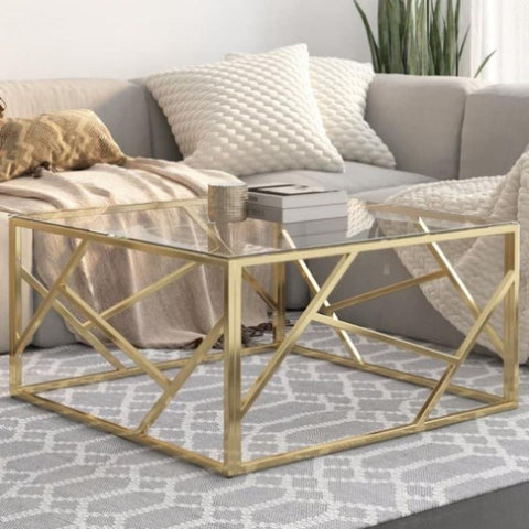 ZNTS Coffee Table Gold Stainless Steel and Tempered Glass 349946