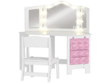 Kids Dressing Table and Stool Set, Girls Vanity Table with 2-Colour LED Lights, Tri-Folding Mirror, T3398P422151