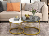 Round Coffee Modern Coffee Table Set of 2 Marble Pattern Top with Metal Frame, Small Side WF307775AAA