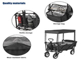Garden Cart with Romovable Canopy, Foldable Trolley Wagon 4 Wheels Front Cup Holder Cooler Bag Push MG193381BAA