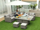 8-Seater Outdoor PE Rattan Sofa Set Conversation Set w/ Fire Pit Table, L-Shape Sofa, Footstool and T3398P320001