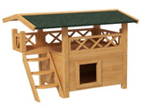 Cat House Outdoor w/ Balcony Stairs Roof, 77 x 50 x 73 cm, Natural Wood Finish T3398P349841