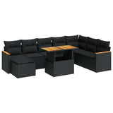 ZNTS 9 Piece Garden Sofa Set with Cushions Black Poly Rattan Acacia 3327520