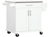 Wooden Kitchen Island on Wheels, Serving Cart Storage Trolley with Stainless Steel Top, Drawer, Side T3398P342215