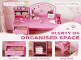 Kids Vanity Table and Chair Set, Girls Dressing Table with 2-Colour LED Mirror, Stool, Cabinet, T3398P422153