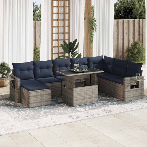 9 Piece Garden Sofa Set with Cushions Grey Poly Rattan Acacia 3326532