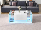 High Gloss Coffee Table with Open Storage, 1 drawer, LED lights, Centre Table with glass tabletop, N605P374206W