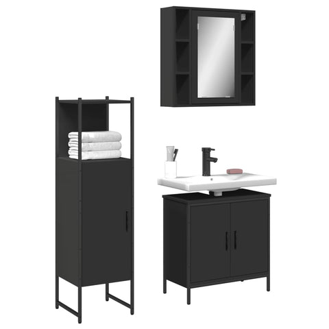 ZNTS 3 Piece Bathroom Cabinet Set Black Engineered Wood 3214760