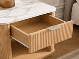 Set of 2 Modern Fluted Bedside Tables, Oak Effect Nightstands with Marble-Effect Top, Spacious N606P518989E