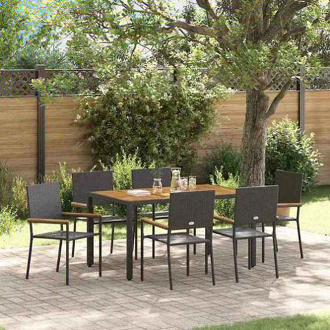 Garden Dining Set 7 pcs Black and Wood Poly Rattan 3365408