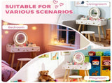 Kids Vanity Table and Chair Set with 3-Colour LED Lights Mirror, Drawer, Storage Boxes, for 3 T3398P422152