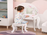 Kids Vanity Table and Chair Set with Tri-Folding Mirror and Stool, Makeup Dressing Table with T3398P347674