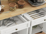 Rolling Kitchen Island Storage Trolley with Rubber Wood Top & Drawers for Dining Room, Cream White T3398P328327