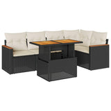 5 Piece Garden Sofa Set with Cushions Black Poly Rattan Acacia 3327486