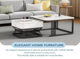 Nesting Coffee Table Set of 2, Marble Effect Square Side Tables with Drawer & Storage Shelf, Black N605P460817W