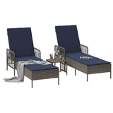 Sun Lounger Reclining 3 pcs Grey and Navy Blue Poly Rattan 365438